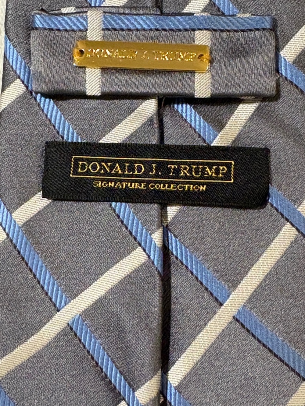 Donald J Trump Signature Collection Tie Grey Blue Plaid Silk Geometric